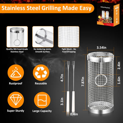2 PCS Grill Basket BBQ Rolling Grilling Basket Stainless Steel Grill Mesh Barbeque Portable Grill Accessories for Fish BBQ Rolling Grilling Basket for Outdoor Grill Cylindrical Stainless Steel Grill