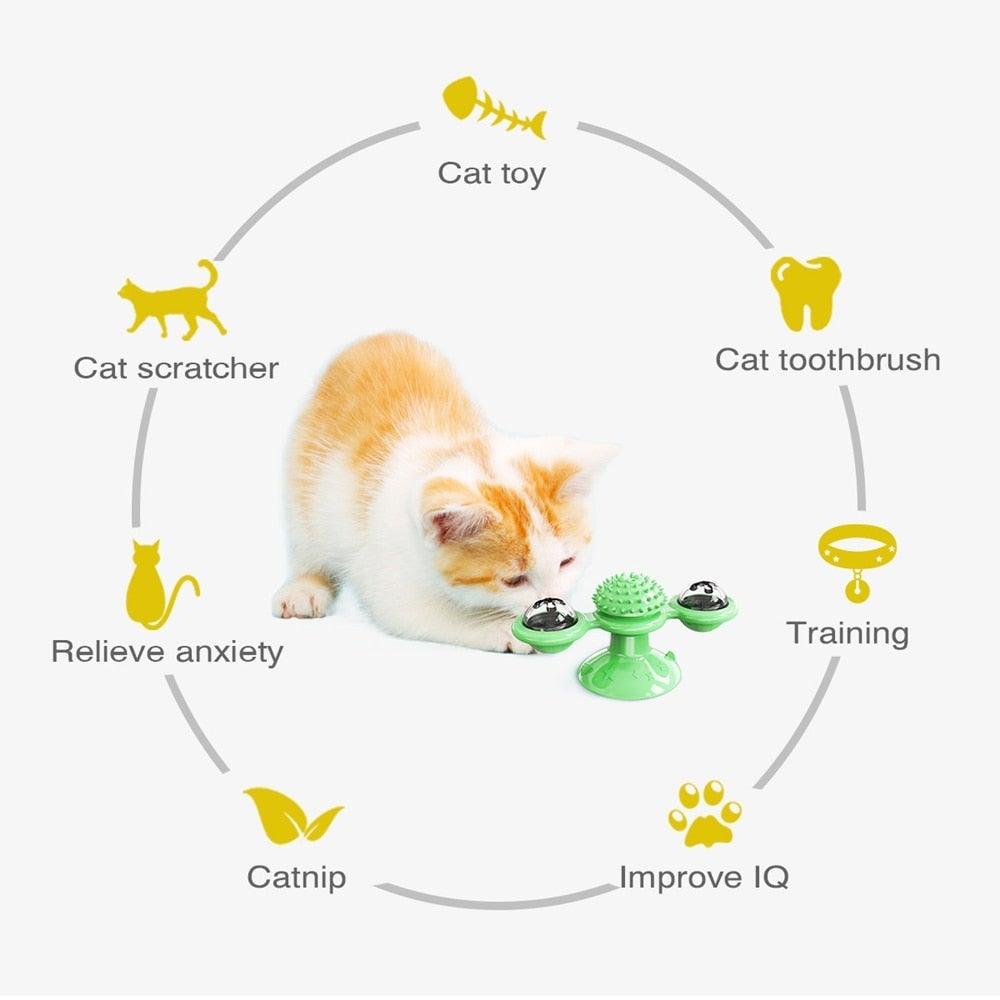 2 PCS Set Interactive Cat Toy Windmill Portable Scratch Hair Brush Grooming Shedding Massage Suction Cup Catnip Cats Puzzle Training Toy Portable Turntable Rotating Cat Toy Scratching Tickle Hair Brush