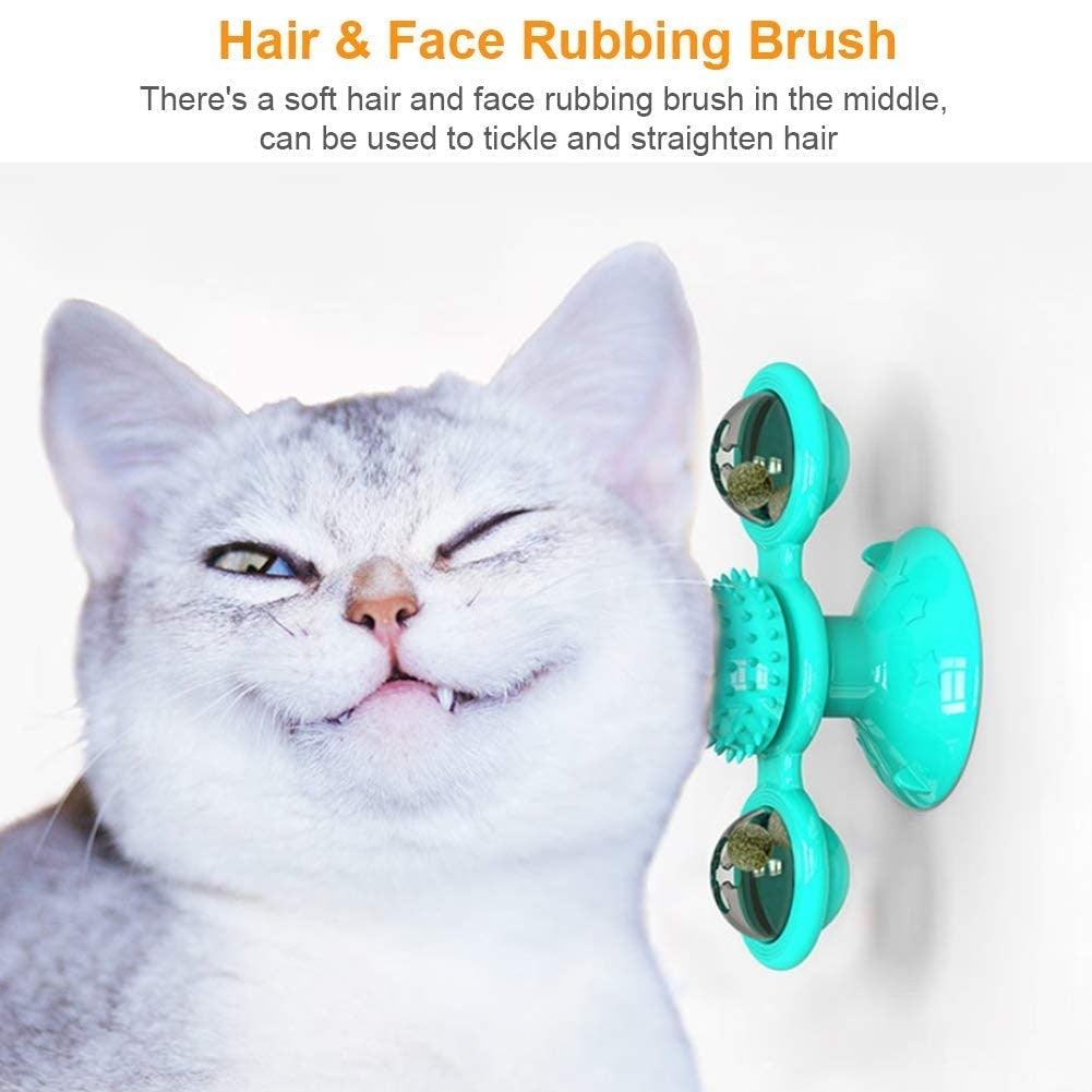 2 PCS Set Interactive Cat Toy Windmill Portable Scratch Hair Brush Grooming Shedding Massage Suction Cup Catnip Cats Puzzle Training Toy Portable Turntable Rotating Cat Toy Scratching Tickle Hair Brush