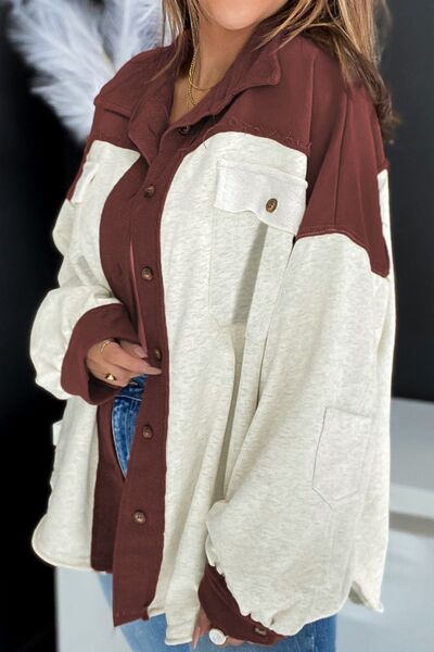 Unique Contrast Collared Pocketed Jacket with Button-Up Closure Modern Women Jacket