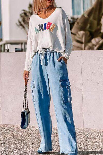 Drawstring Cargo Pocket Wide Leg Jeans for All-Day Comfort