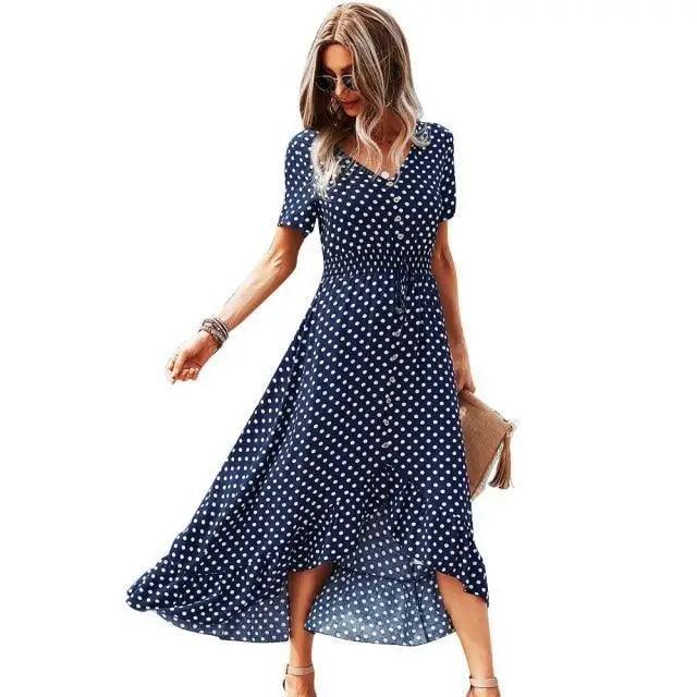 Fashion Elegant Boho Short Sleeve Polka Dot Long Dresses Women Beach Party Vintage Fashion Dresses