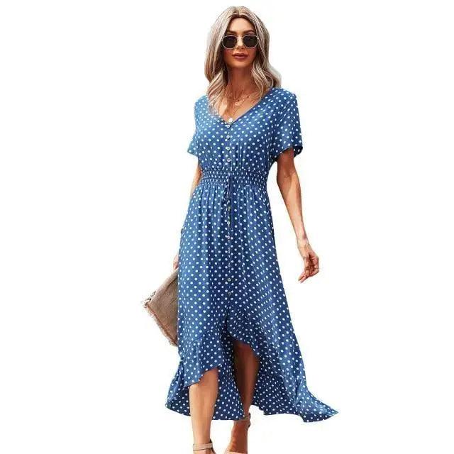 Fashion Elegant Boho Short Sleeve Polka Dot Long Dresses Women Beach Party Vintage Fashion Dresses