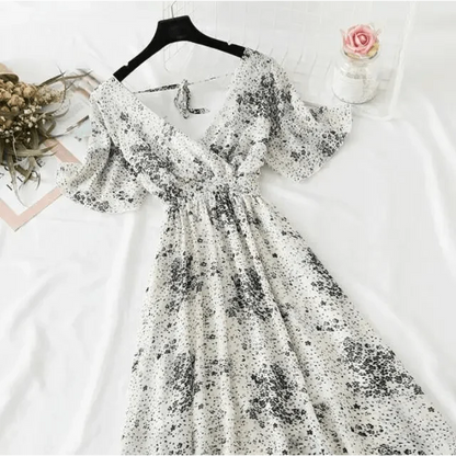 Summer Women Ruffled Short-sleeved Chiffon Dress V-neck High Waist Floral Print Beach Midi Dresses For Women