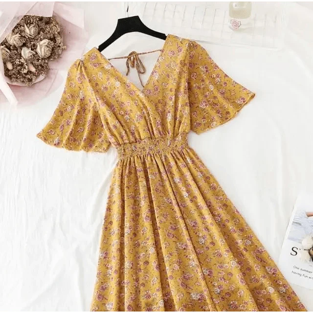 Summer Women Ruffled Short-sleeved Chiffon Dress V-neck High Waist Floral Print Beach Midi Dresses For Women