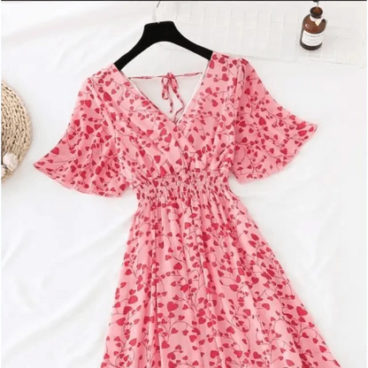 Summer Women Ruffled Short-sleeved Chiffon Dress V-neck High Waist Floral Print Beach Midi Dresses For Women