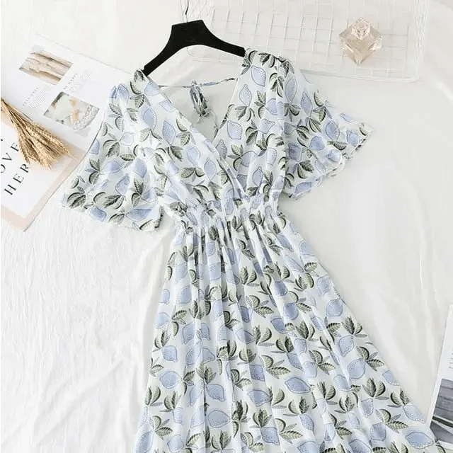 Summer Women Ruffled Short-sleeved Chiffon Dress V-neck High Waist Floral Print Beach Midi Dresses For Women