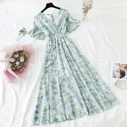 Summer Women Ruffled Short-sleeved Chiffon Dress V-neck High Waist Floral Print Beach Midi Dresses For Women