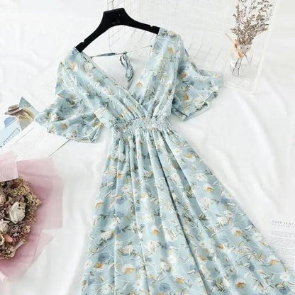 Summer Women Ruffled Short-sleeved Chiffon Dress V-neck High Waist Floral Print Beach Midi Dresses For Women