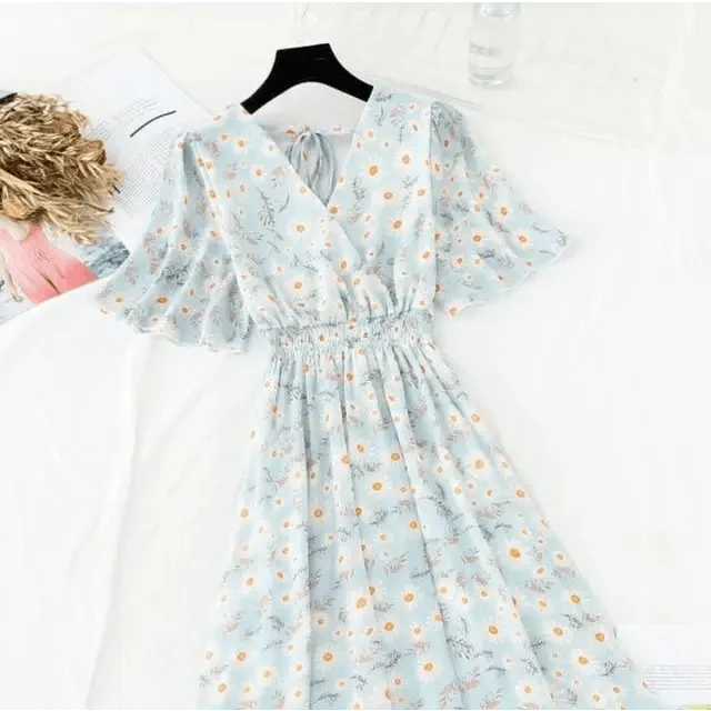 Summer Women Ruffled Short-sleeved Chiffon Dress V-neck High Waist Floral Print Beach Midi Dresses For Women
