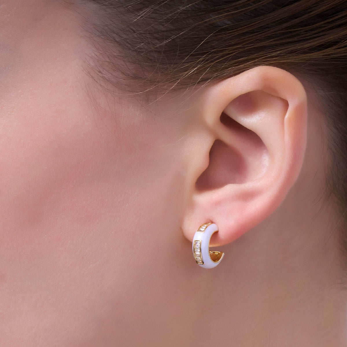 Black, White Enamel Baguette CZ C-Shaped Hoop Earrings in Gold &amp; Silver | AE265 - AE73