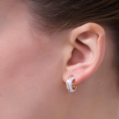 Black, White Enamel Baguette CZ C-Shaped Hoop Earrings in Gold &amp; Silver | AE265 - AE73