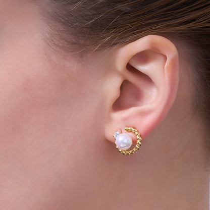 White Shell Pearl CZ Croissant C-Shaped Stud Earrings in Gold &amp; Silver | AD1359 AD1360