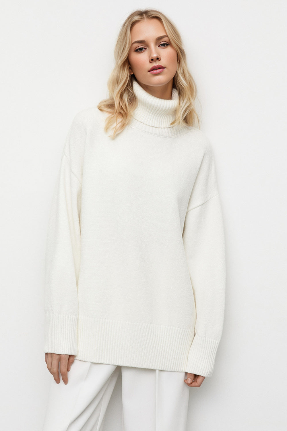 Back To School Sweater - Basic Bae Turtleneck Dropped Shoulder Long Sleeve Sweater