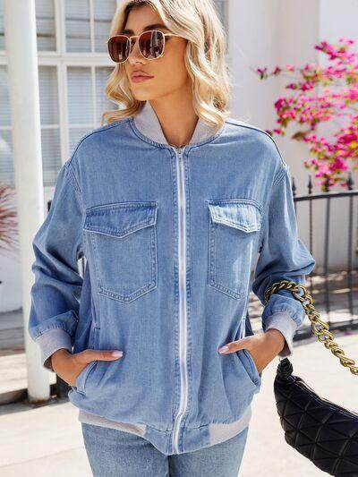 Pocketed Zip Up Baseball Collar Denim Jacket for Women