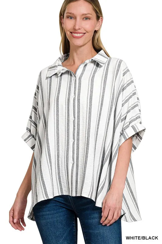 Zenana Woven Yarn-Dye Stripe Oversized Button Down Shirt