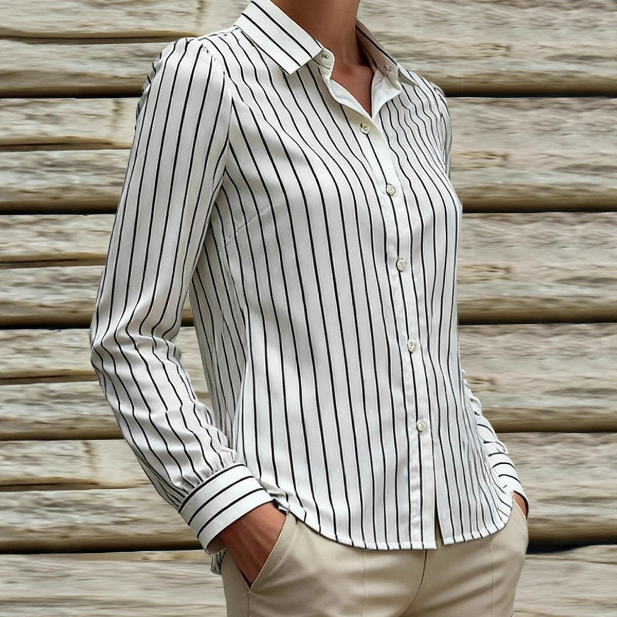 Black And White Striped Silky Satin Lapel Shirt