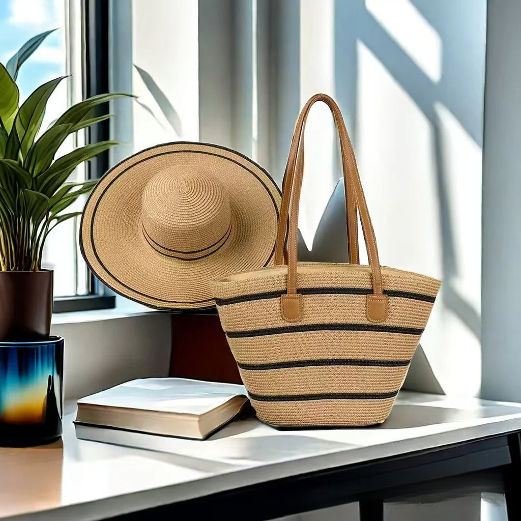 Straw Hat &amp; Tote Set – Beach Vacation Sun Protection Duo, Large Capacity Travel Tote