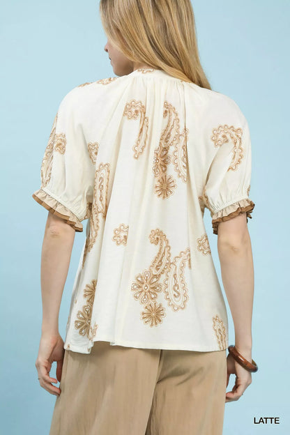 Umgee Paisley Embroidered Short Puff Sleeve Top