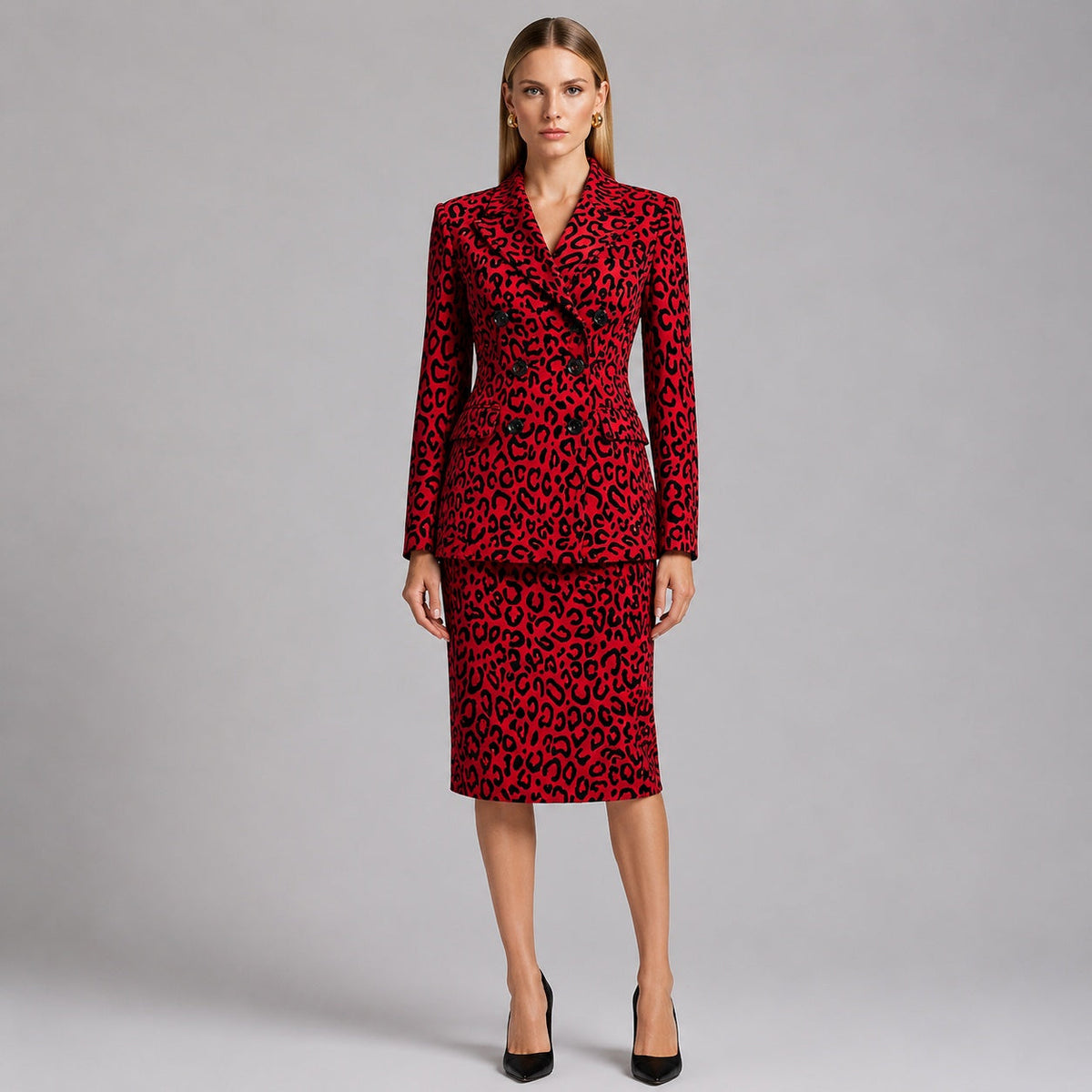 Leopard Print Double Breasted Blazer &amp; Midi Pencil Skirt 2-Piece Suit Set