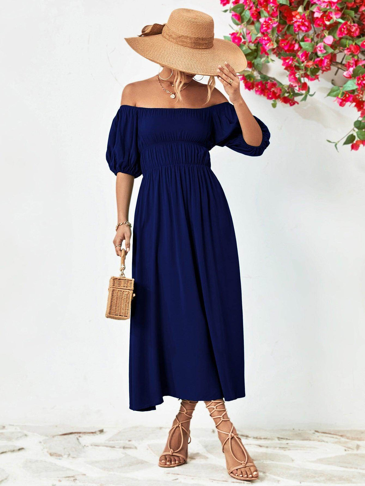 Off-Shoulder Balloon Sleeve Midi Dress for Chic Style