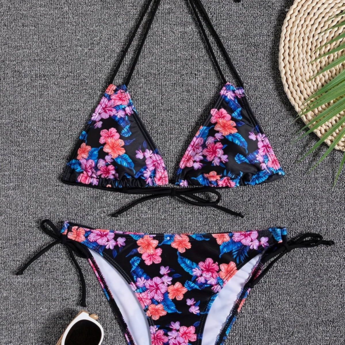Sunset Bloom 2-Piece Triangle Bikini Set for Women – Vibrant Random Floral Print Halter Neck Swimsuit with Tie-Back Tie-Side Bottoms &amp; High Cut Legs – Women&