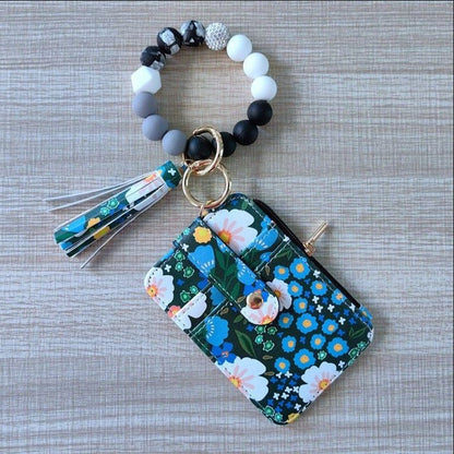 Womens Silicone Bead Bracelet Keychain Cardholder