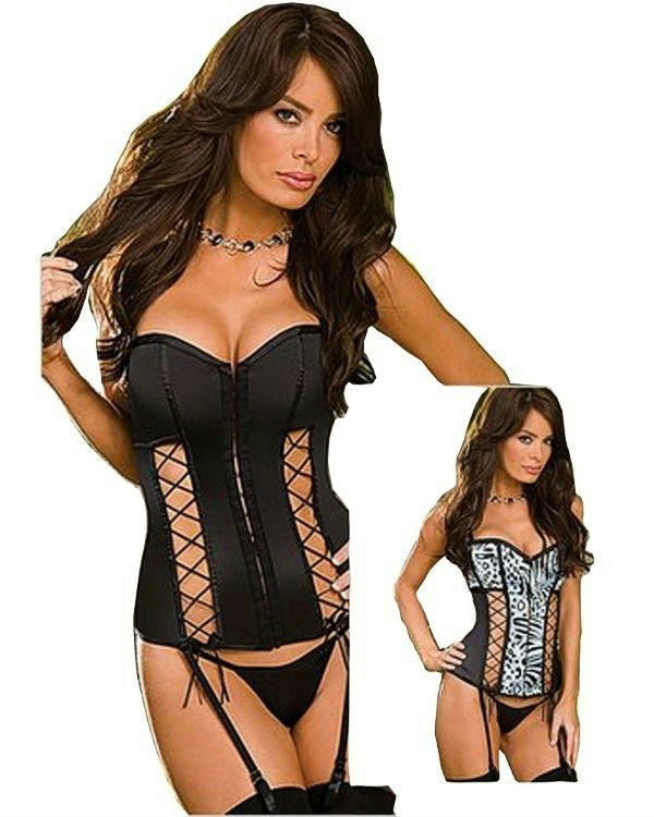 Fully Reversible Black or Blue Leopard Satin Corset Lingerie Set Size 38