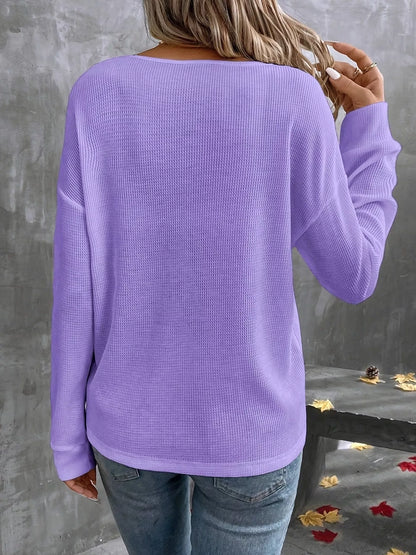 Plus Size V-Neck Long Sleeve Waffle Knit T-Shirt