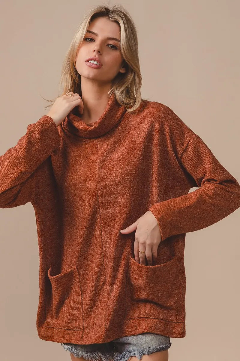 BiBi Piper Rib Double Pocket Turtle Neck Sweater