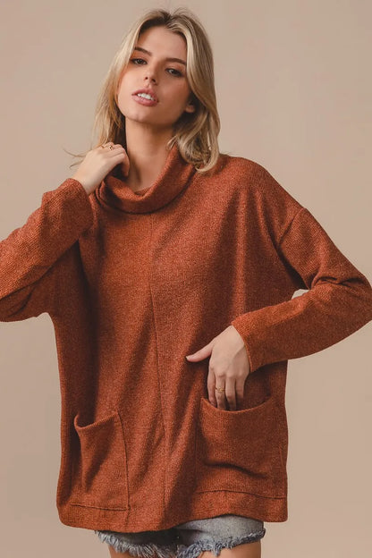 BiBi Piper Rib Double Pocket Turtle Neck Sweater