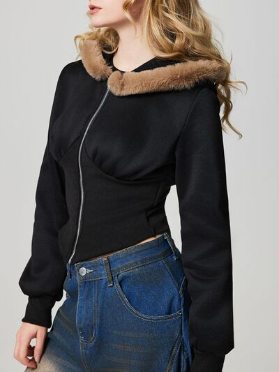 Black Fuzzy Hem Hooded Zip-Up Jacket With Long Sleeves and Casual Style Jacket