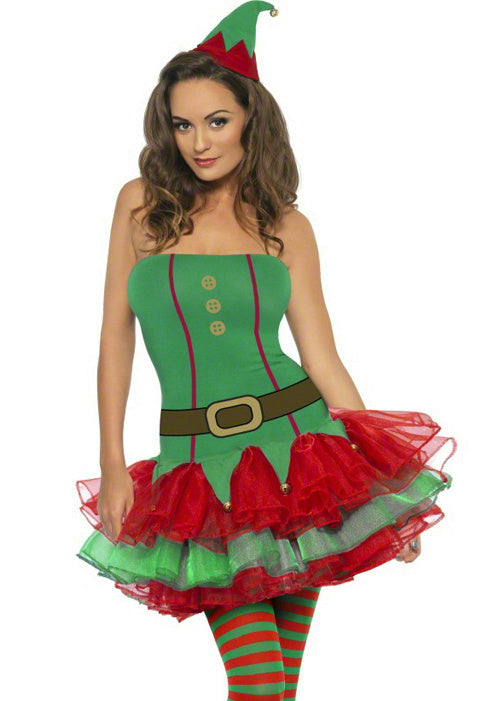 Womens Fever Red and Green Elf Tutu Dress Adult Costume Size Large