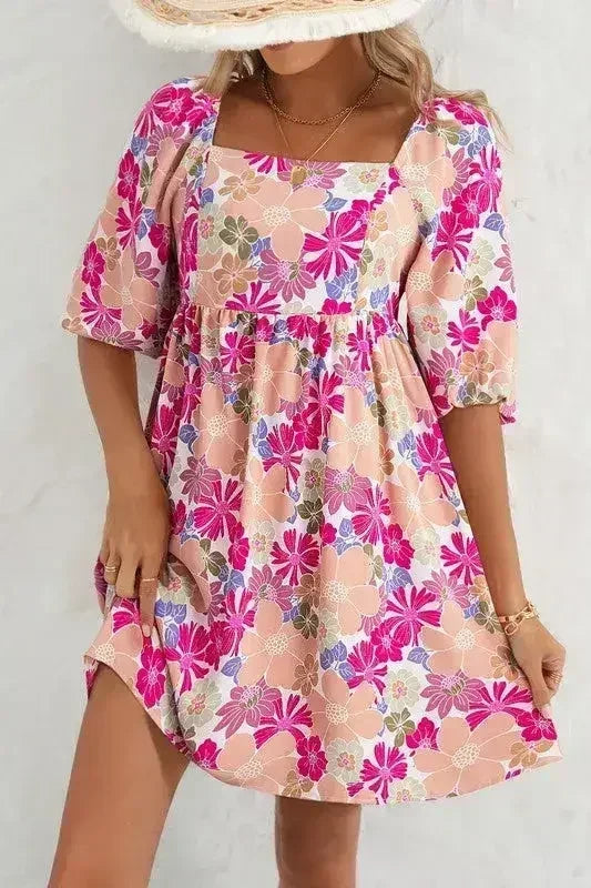 Floral Square Neck Puff Sleeve Babydoll Dress