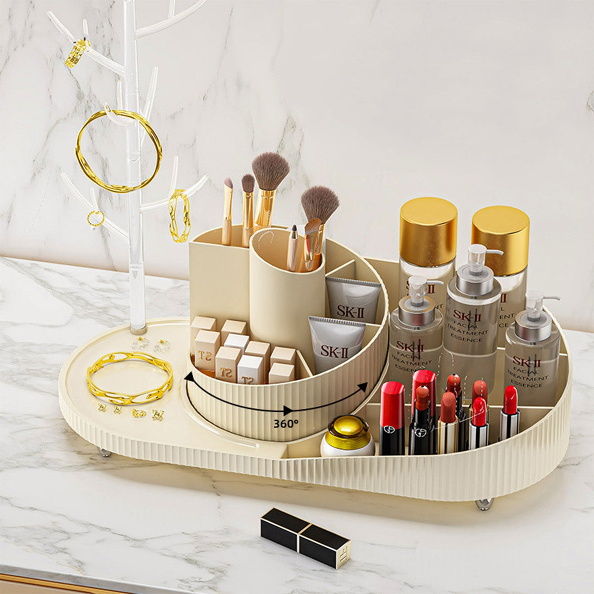 Rotating Makeup Organizer With Jewelry Storage  Large Capacity Cosmetic Display Case Holds 20 Brushes, 10 Lipsticks, 8 Skincare Products 360 Spinning Vanity Organizer For Countertop &amp; Bathroom
