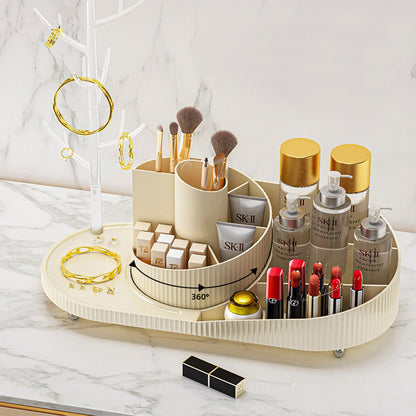 Rotating Makeup Organizer With Jewelry Storage  Large Capacity Cosmetic Display Case Holds 20 Brushes, 10 Lipsticks, 8 Skincare Products 360 Spinning Vanity Organizer For Countertop &amp; Bathroom