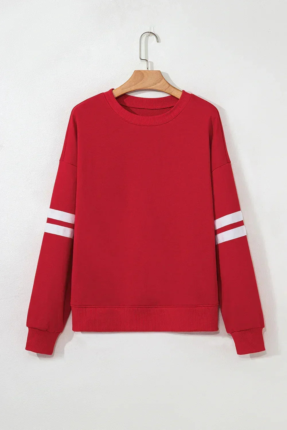 Fiery Red Striped Sleeve Loose Fit Sweatshirt - Femstylo