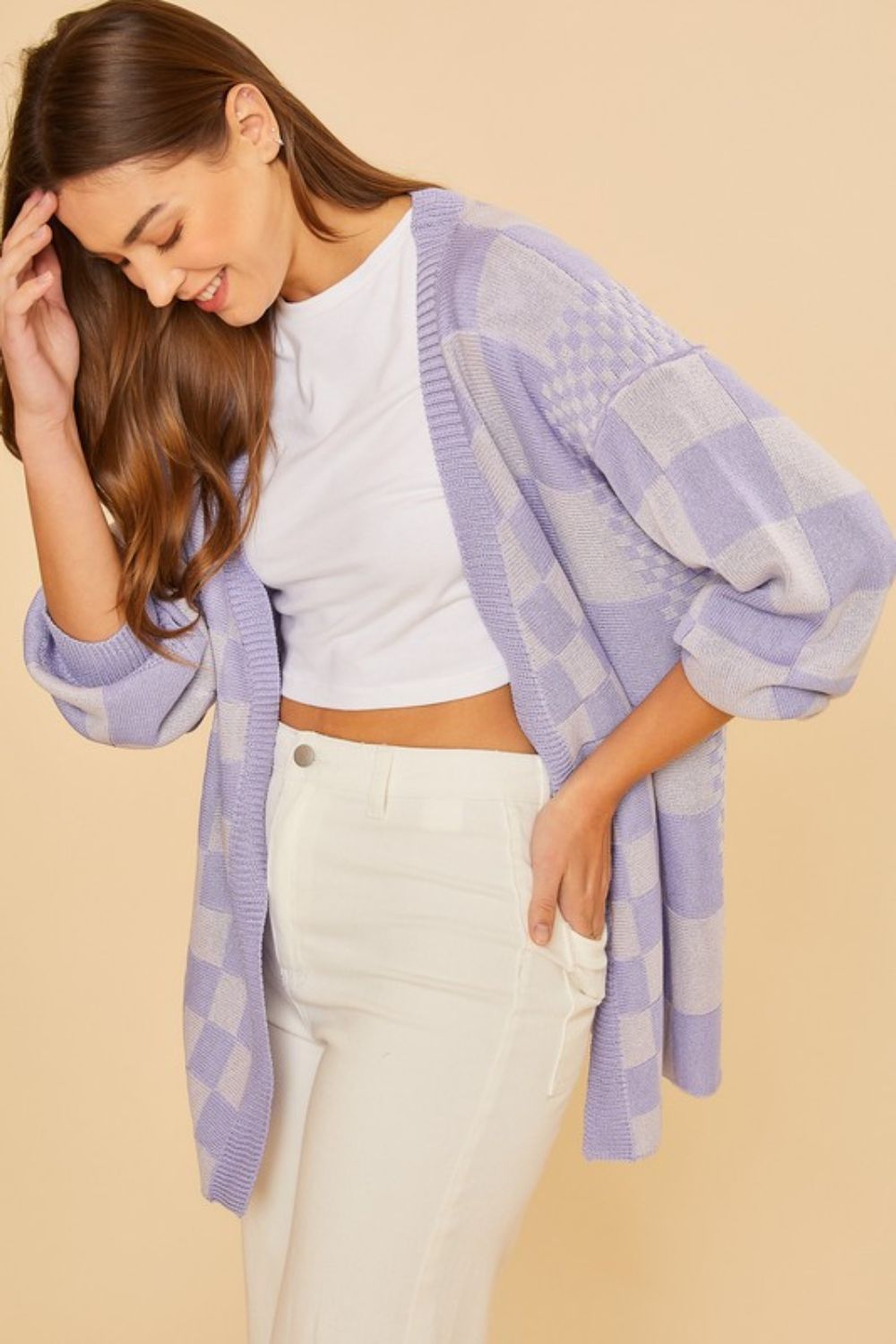 Back To School Sweater - Annie Wear Checkered Open Front Drop Shoulder Cardigan
