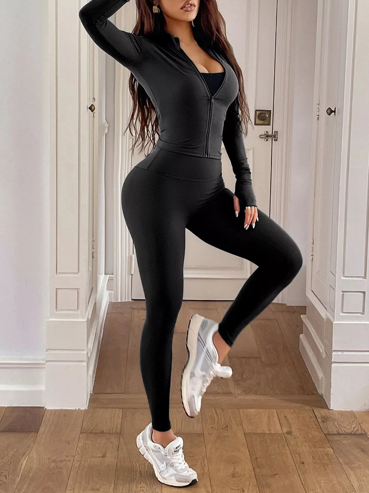 Zip Up Long Sleeve Top and Leggings Active Set