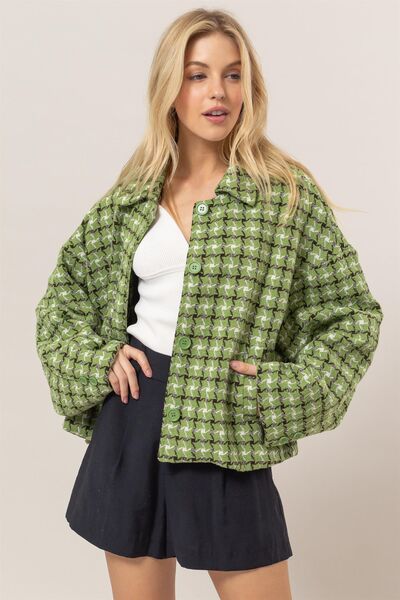 Cute Green Tweed Plaid Button Up Collared Neck Jacket Classic &amp; Elegant Layering Piece Everyday Jacket