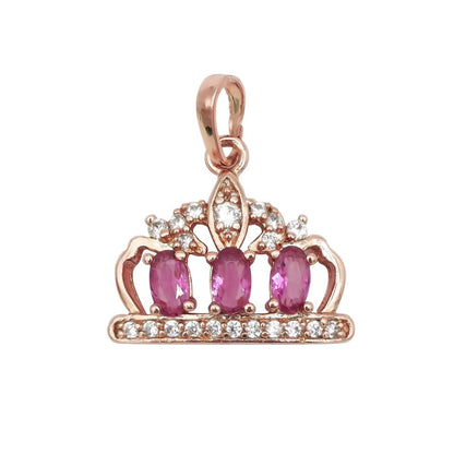 21X18mm Wholesale 18K Gold Filled Rose Gold Royal Crown Pendant with Pink Rhinestones, Queen Princess Tiara Pendant For Necklace Bracelet Anklet Making, Emerald Crown CZ Jewelry Component Supply J-176