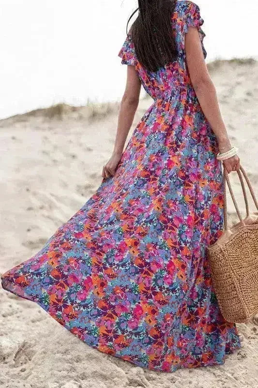 Floral Print V-Neck Wrap Maxi Dress - Women&