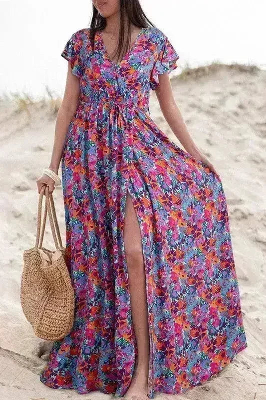 Floral Print V-Neck Wrap Maxi Dress - Women&