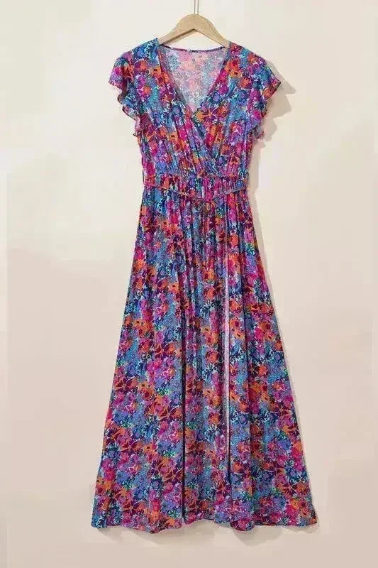 Floral Print V-Neck Wrap Maxi Dress - Women&