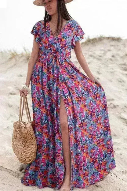 Floral Print V-Neck Wrap Maxi Dress - Women&