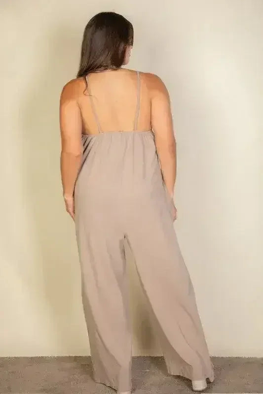 Plus Spaghetti strap solid wide jumpsuit