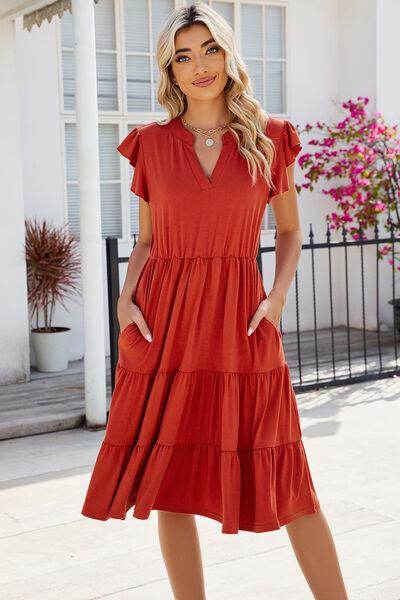 Ruched Notched Cap Sleeve Dress with Pockets and Stretch