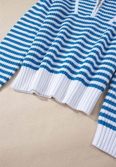 Striped Half Zip Mock Neck Long Sleeve Sweater for Women