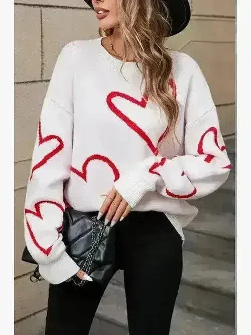 White &amp; Red Heart Sweater – Playful Valentine’s Style