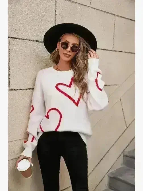 White &amp; Red Heart Sweater – Playful Valentine’s Style